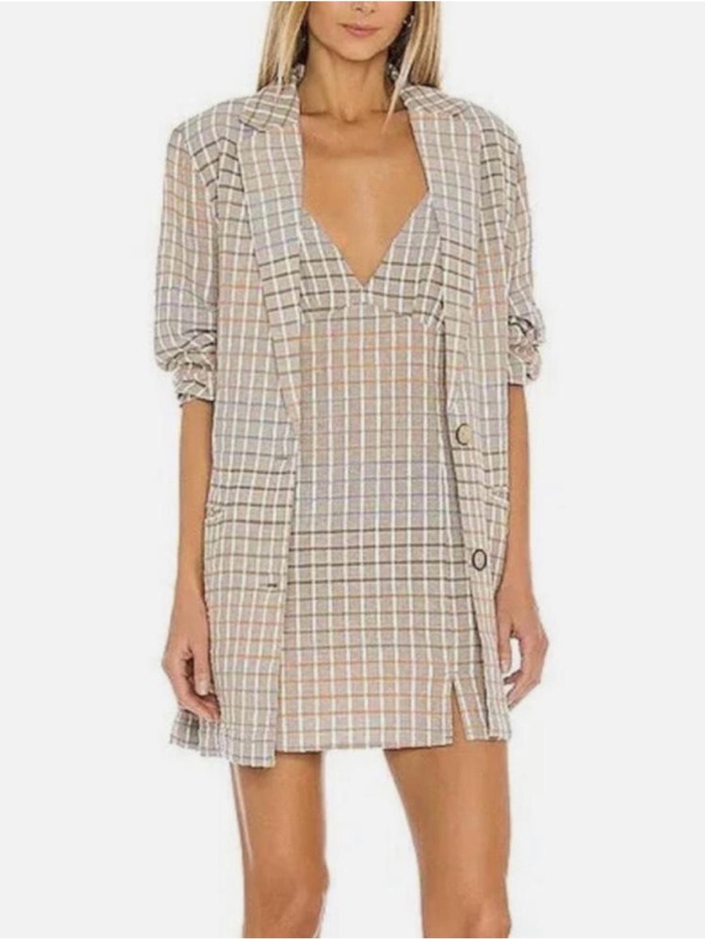Free People Plaid Blazer & Dress Set in Beige and Cream